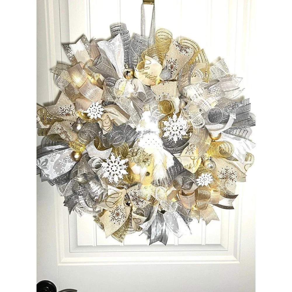 Handmade Christmas Gnome Holiday Ribbon Door Wreath 22 ins W62
